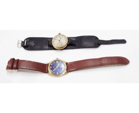 An 18ct. gold cased gentleman's Jaquet-Droz date wristwatch with blue dial (not running) - sold with a vintage 14ct. gold cas
