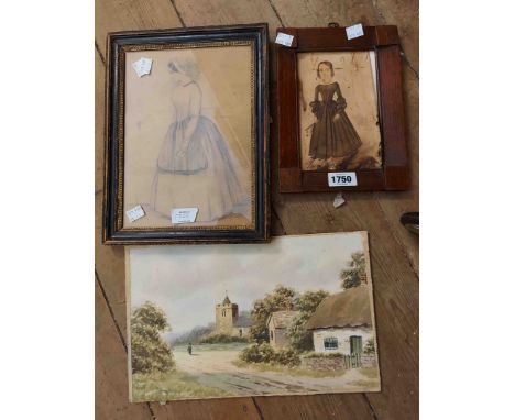 A small 19th Century naive watercolour portrait of a young girl wearing a brown dress - sold with a framed portrait drawing o