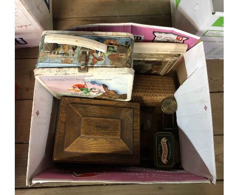 A box containing a quantity of assorted collectable items including postal scales, vintage Disney tin lunchbox, etc.
