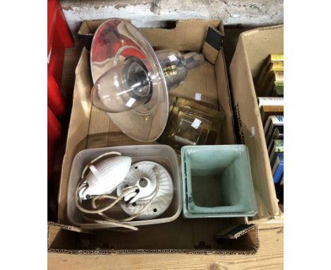 A box containing a quantity of collectable items including modern ship's style hall lamp, etc.