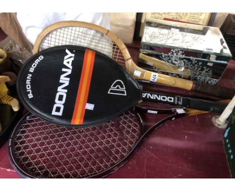 A vintage Donnay Bjorn Borg tennis racket and a Wright Ditson autograph tennis racket - sold with a Madraq Boston power weave