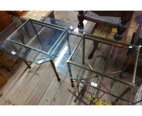 A pair of 68cm vintage occasional tables with bevelled glass surfaces, set on open brass frames with X-stretchers