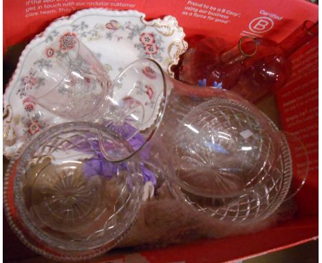 A box containing a quantity of assorted ceramic and glass items including pair of cranberry glass bottle vases with enamel de