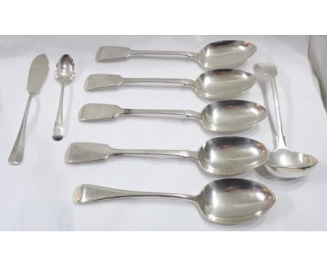 Five assorted silver fiddle pattern tablespoons - sold with a silver ladle, teaspoon and butter knife