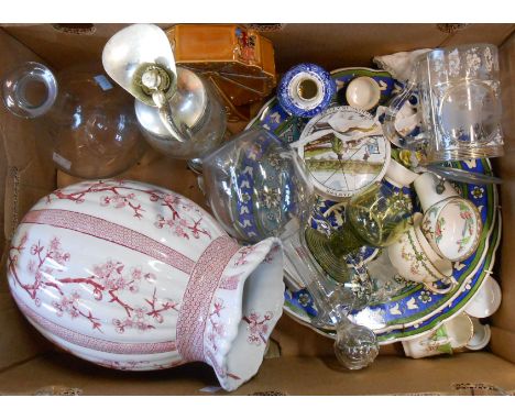 A box containing a quantity of assorted ceramic and glass items including 19th Century German spa tankard with pewter lid (a/