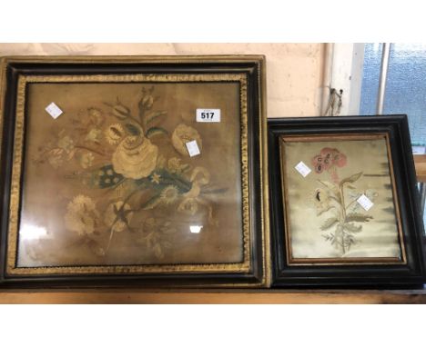 An antique embroidered silk panel depicting a large floral spray set in gilt gesso frame - sold with a smaller similar - poor