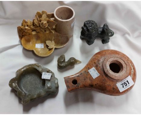 A small quantity of jadite and other carved hardstone items including brush pot, figurines, lamp, etc. - various condition