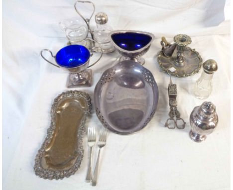 A box containing a quantity of silver plated items including sugar caster, blue glass lined pedestal dishes and chamber candl