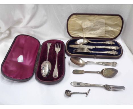 A Victorian leather cased ornate silver knife, fork and spoon set with original handwritten text dated 1855 to inside of lid 