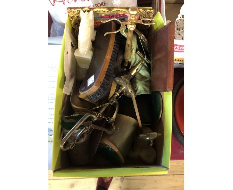 A box containing a quantity of collectable items including celluloid watch stand, Orlik leather cigarette case, old scales, e