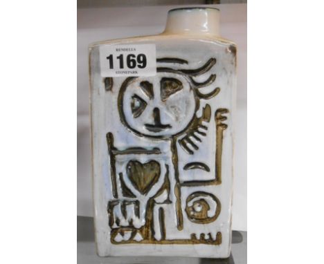 A 1960's Troika Pottery St. Ives chimney vase designed by Stella Benjamin, one side decorated with an abstract figure with he