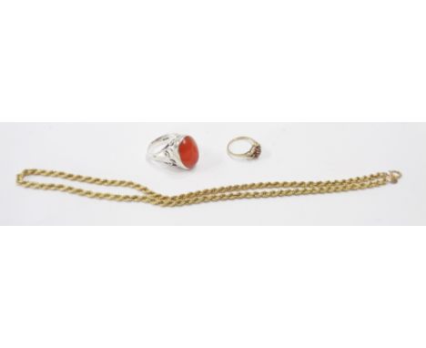 An import marked 375 (9ct.) gold rope-twist neck chain - sold with a 375 (9ct.) gold garnet cluster ring and a silver carneli