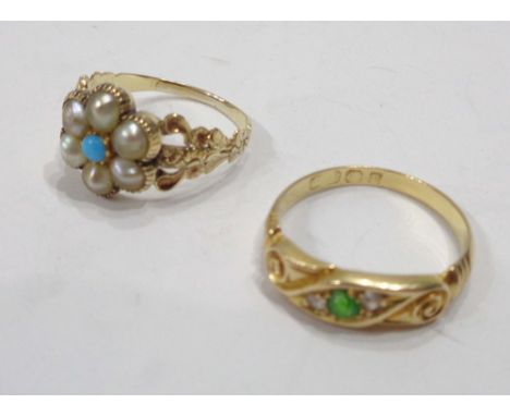 An antique yellow metal flower-head pattern ring, set with tiny turquoise within a pearl border and decorated shoulders - sol