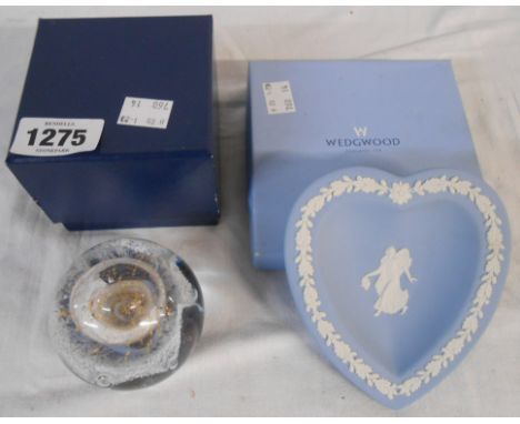 A boxed controlled bubble and enamel glass paperweight - sold with a boxed Wedgwood blue jasperware heart shaped pin dish