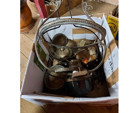 A box containing a quantity of assorted metalware including Chinese brass figurine, hanging oil lamp and lamp holder, etc.