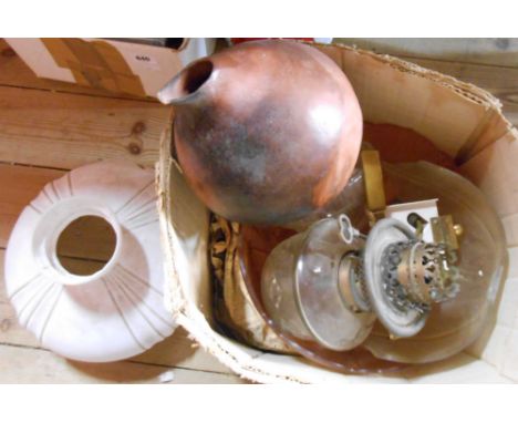 A box containing a quantity of assorted collectable items including oil lamps, shades, hanging ceiling lamp, etc.