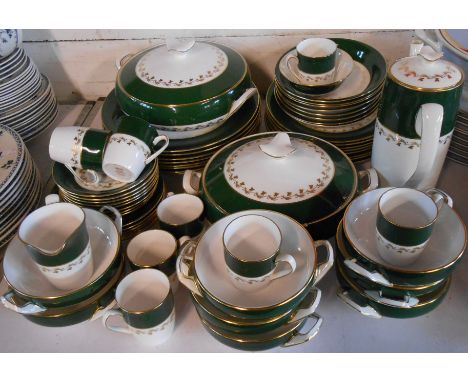 A quantity of Spode tea and dinner ware in the Green Velvet pattern including vegetable tureens, coffee set, two handled soup