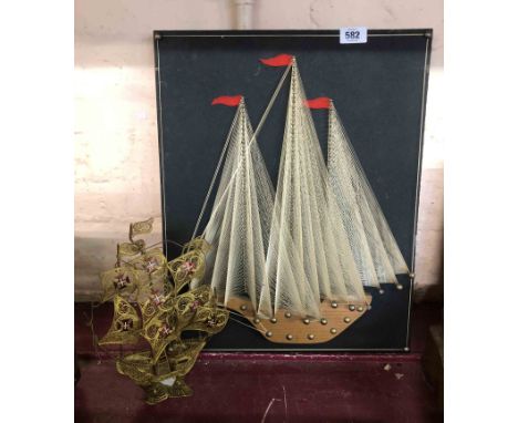 A vintage wood and felt picture depicting a three masted sailing ship with stylised string rigging - sold with a small filigr