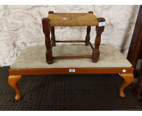 An 83cm beech and mixed wood dressing stool with upholstered seat, set on cabriole legs with pad feet - sold with an old oak 