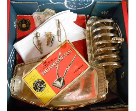 A box containing a small quantity of collectable items including vintage collars, cutlery, etc.