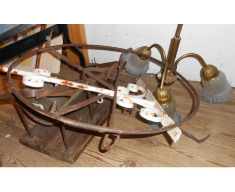 A small selection of assorted metal and other collectable items including hanging ceiling lamp, wrought iron bracket, Victori