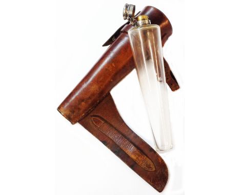 A 22cm tapered glass hunting flask with bayonet screw flip-top in original leather carrying case