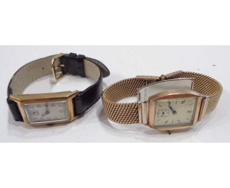 A vintage 9ct. rose gold cased tank watch with Swiss seventeen jewel manual wind movement - sold with another 9ct. gold simil