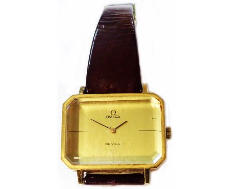 A vintage goldtone cased Omega 'Emerald Line' wristwatch with seventeen jewel manual wind movement and original strap - no bo