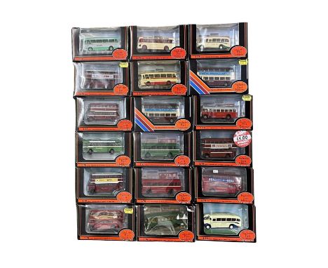 A collection of various boxed Exclusive First Editions die-cast buses, including Grey-Green, Southern Vectis, Eastern Countie