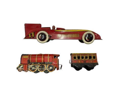 A pair of Wells Brimtoy tin-plate clockwork toys, to include: - Britannia locomotive and tender - Racecar (lacking key)