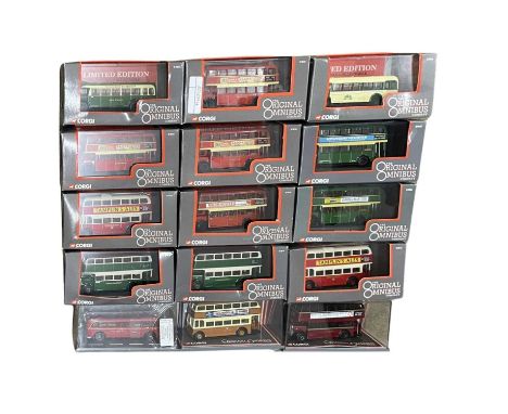 A collection of small boxed and cased Corgi 'Original Omnibus Company' die-cast model buses, including Eastern Counties, Brig