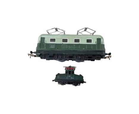 A JEP 0 gauge 0-4-0 Overhead Electric locomotives, in two-tone green, together with a small German Fleischmann E6902 model
