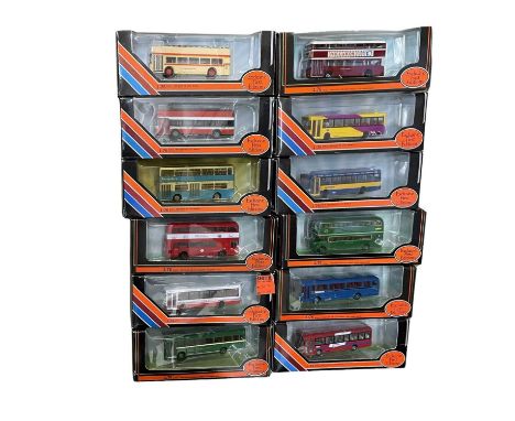 A collection of various large boxed Exclusive First Editions die-cast buses, including Yorkshire Traction, Thamesway, Devon G