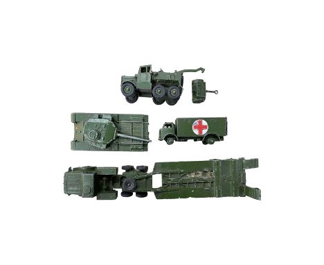 A mixed lot of die-cast Dinky military vehicles, to include: - Tank Transporter 660 - Centurion Tank 651 - Military Ambulance