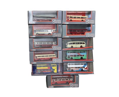 A collection of large boxed and cased Corgi 'Original Omnibus Company' die-cast model buses, including Crosvile Wales, City L