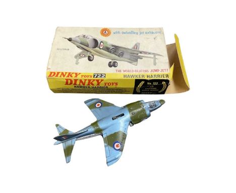 A boxed Dinky Toys Hawker Harrier 722. Lacking nose cone and one wing stabiliser.