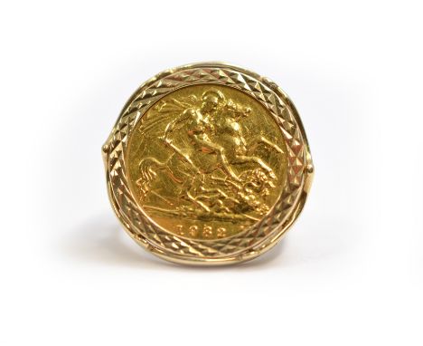 A 1982 half sovereign set 9ct H/M ring, size M, size approx 6.9gms