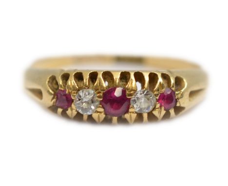 A ruby &amp; diamond early 20th century ring, stamped 18ct, size O, approx 3.6gms