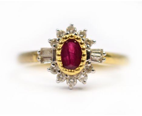 An 18ct H/M ruby &amp; diamond cluster ring, oval ruby approx 0.30cts, diamonds total approx 0.25cts, size N, approx 3.6gms