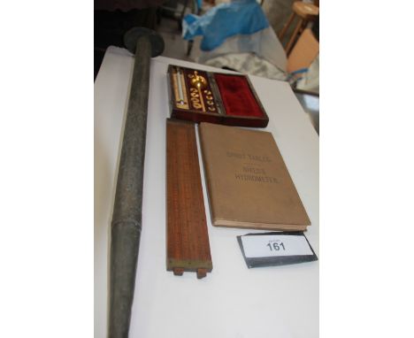 Joseph Long boxed brass hydrometer, all numbered 26757, Sykes type, thermometer with boxwood slide rule by J. Long, spirit ta