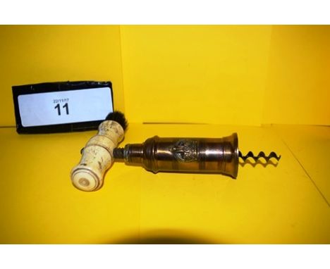 Thomason type corkscrew with English Crown motif brass, unnamed, with turned bone handle and brush, with centre worm helix, e