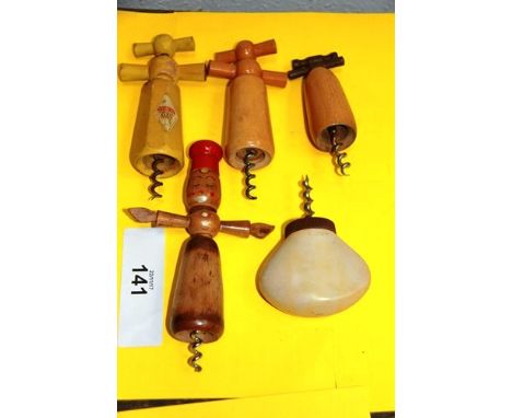 4 x assorted wood corkscrews and a 1960's plastic corkscrew