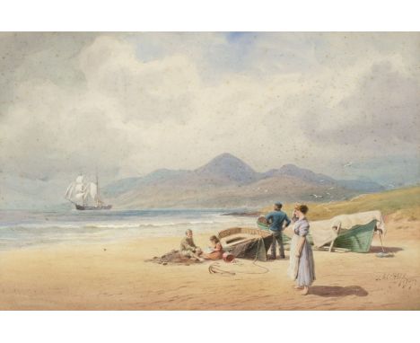 * Carey (Joseph William, 1859-1937). Seascape with fishing boats and figures, 1904, watercolour, with traces of pencil, heigh