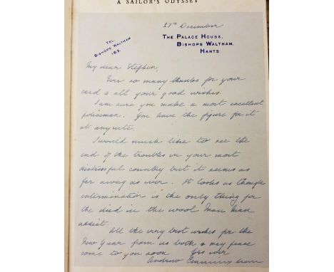 Cunningham (Andrew [Viscount of Hyndhope]). A Sailor's Odyssey, London: Hutchinson &amp; Co., February 1952, period handwritt
