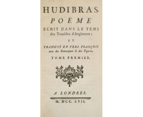 Butler (Samuel). Hudibras. A Poem Written in the Time of the Civil Wars, 3 volumes, London, 1757, titles &amp; text in Englis