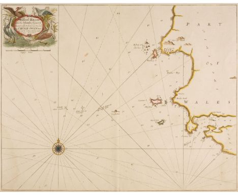 Maps. Collins (Capt. Greenville), Milford Haven and the Islands adjacent..., circa 1700, hand-coloured engraved chart, decora