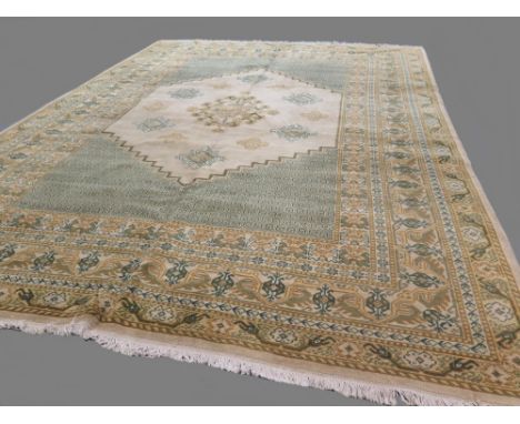 Unusual c.1920s Turkish Anatolian carpet in cream, beige and green 2.8 x 2m