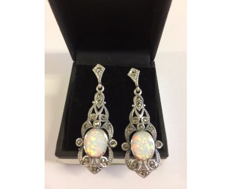 Pair of silver, marcasite and opal set Art Deco style drop earrings