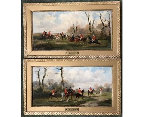 ROBERT STONE (1820-1870)  Pair oil on panel hunting scenes, each signed lower right R Stone. and labelled on frame.  15cm x 3