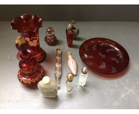 Chinese black overlaid reverse painted scent bottle, another, 6 further English/European bottles & 3 pieces of ruby glass